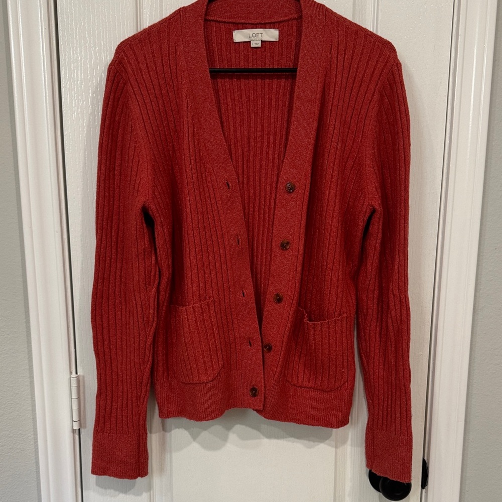 LOFT Vibrant Red Ribbed Cardigan
